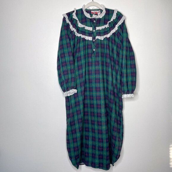 Liz Laurent Vintage Plaid‎ Flannel Night Gown White Ruffles 100% cotton - Picture 1 of 8